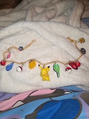 Hand Crafted Pokemon Pikachu, Kanto Badges And Pokeballs Purse Chain